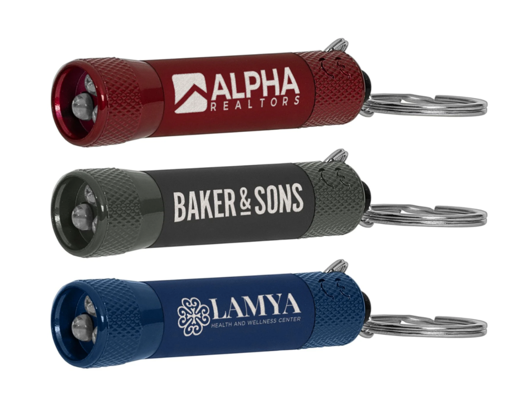 Monochrome LED Flashlight with Keyring branded merchandise ideas for small business